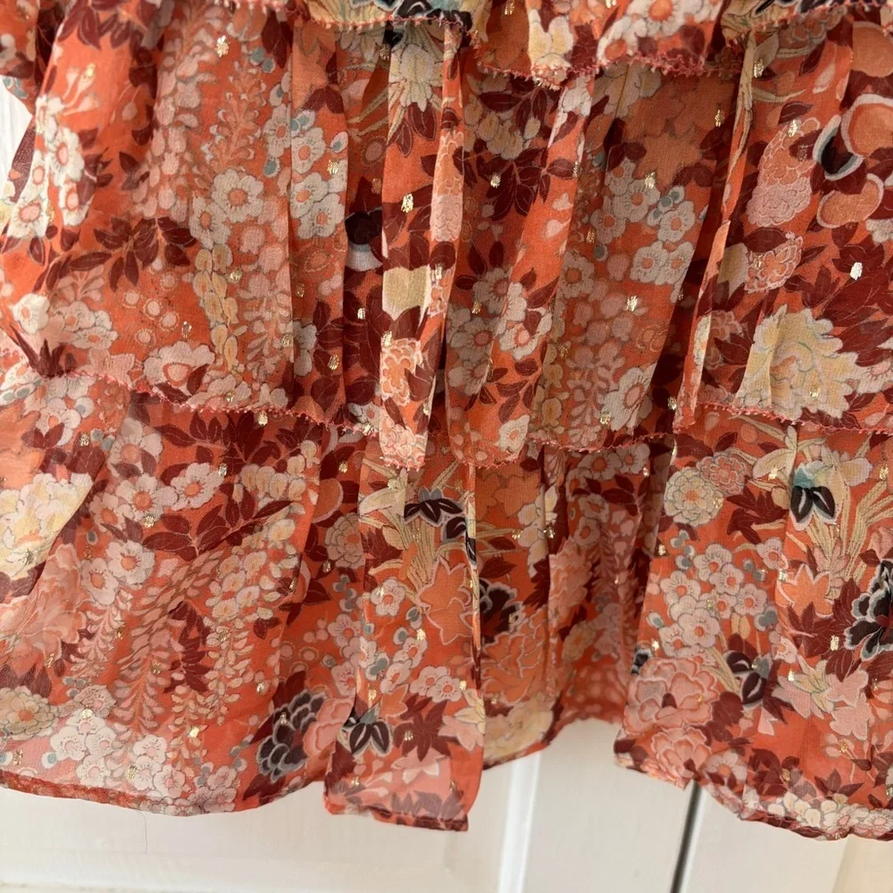 Ulla‎ Johnson Tamara Dress Silk Mini Metallic Floral Print Coral Size 2 Tiered